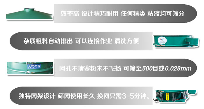 直徑1000mm振動篩的特點(diǎn)：效率高，設(shè)計(jì)精巧耐用，任何精類，粘液均可篩分，雜質(zhì)粗料自動排出，可以連接作業(yè)，清洗方便。網(wǎng)孔不堵塞粉末不飛揚(yáng)，可篩至500目或0。028mm篩網(wǎng)使用長久，換網(wǎng)只需3-5分鐘。