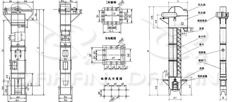 TD/D型斗式提升機(jī)基本結(jié)構(gòu):機(jī)頭蓋，機(jī)頭座，減速電機(jī)，直管，底座，緊張裝置等。