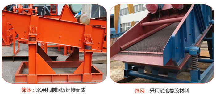 礦用振動篩特點：篩體采用扎制鋼板焊接而成，篩網(wǎng)采用耐磨橡膠材質(zhì)