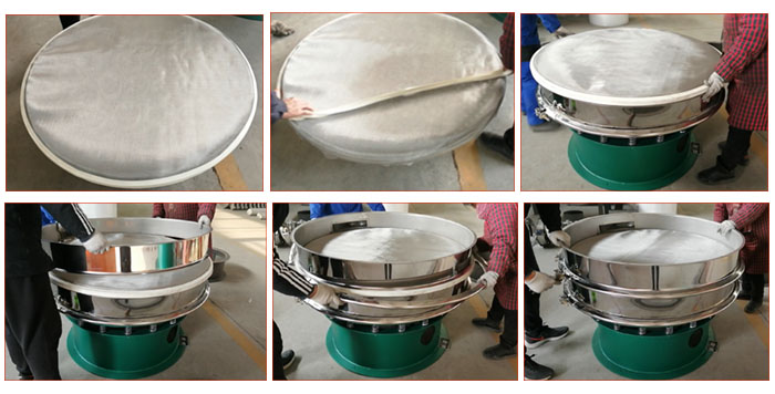 食品振動(dòng)篩網(wǎng)安裝步驟3，將密封圈安裝到網(wǎng)架周圍，將篩框放到網(wǎng)架上，并利用束環(huán)將上下兩層篩框固定在一起。