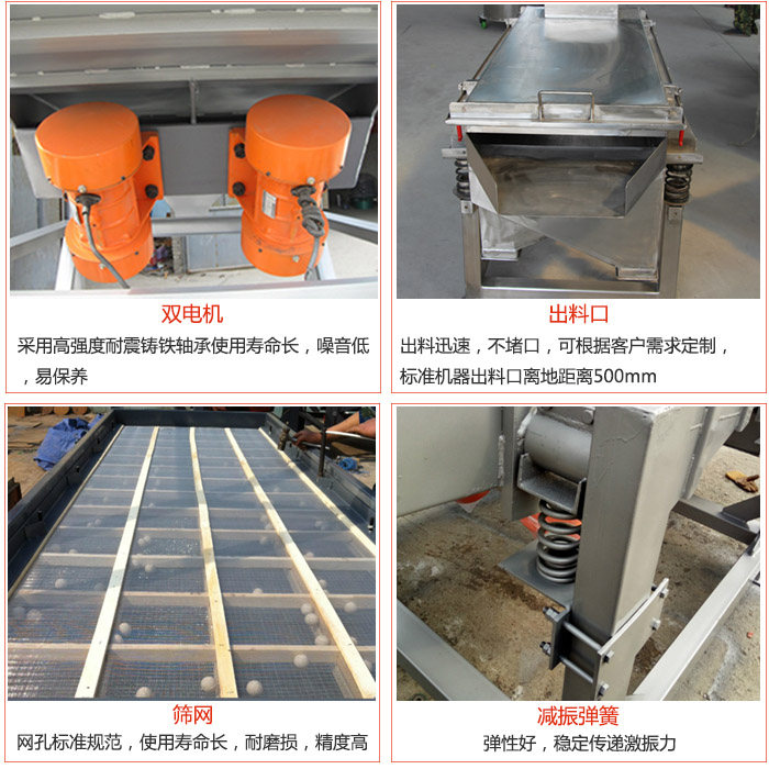 線振動篩配件優(yōu)勢：雙電機采用高強度耐震鑄鐵軸承使用壽命長，噪音低，易保養(yǎng)，出料口：出料迅速，不堵口，可根據(jù)客戶需求定制標(biāo)準(zhǔn)機器出料口離地距離500mm。篩網(wǎng)：網(wǎng)孔標(biāo)準(zhǔn)規(guī)范，使用壽命長，耐磨損，精度高。減震彈簧彈性好，穩(wěn)定傳遞激振力。