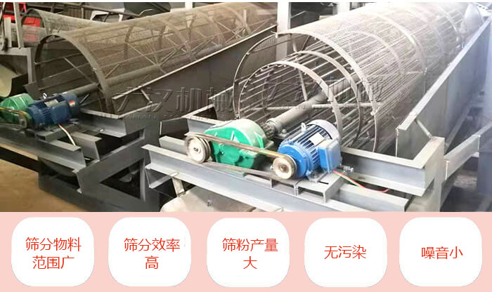 滾筒篩分機(jī)主要特點(diǎn)：篩分物料范圍廣，篩分效率高，篩分產(chǎn)量大，無(wú)污染，噪音小。