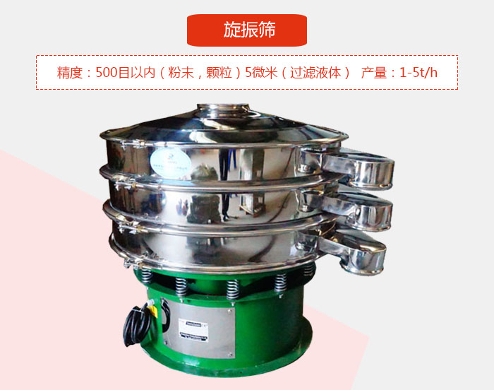 旋振篩精度：500目以內(nèi)（粉末，顆粒）5微米（過濾液體）產(chǎn)量：1-5t/h