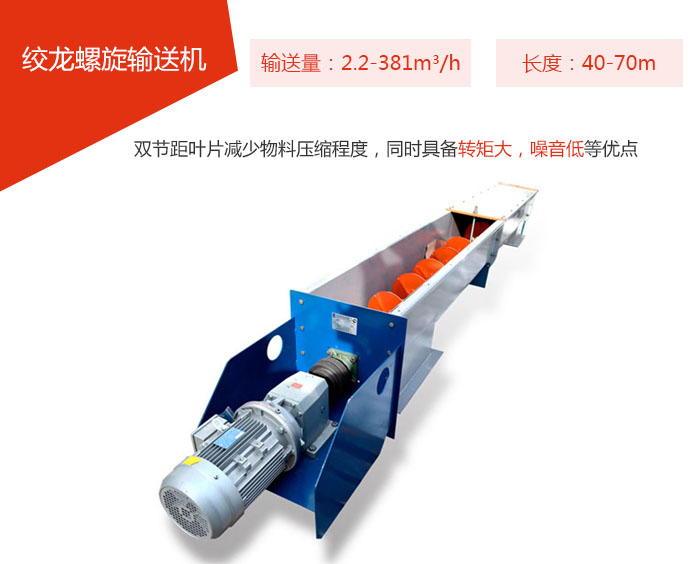 絞龍螺旋輸送機(jī)輸送量：2.2-381m3/h 長(zhǎng)度：40-70m 雙節(jié)距葉片減少物料壓縮程度，同時(shí)具備轉(zhuǎn)矩大，噪音低等優(yōu)點(diǎn)。