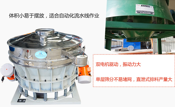 雙電機(jī)驅(qū)動(dòng)，振動(dòng)力大，單層篩分不易堵網(wǎng)，直泄式排料產(chǎn)量大