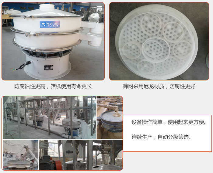 直徑1000型塑料振動(dòng)篩特點(diǎn)：1，防腐蝕性更高，篩機(jī)使用壽命更長.2，篩網(wǎng)采用尼龍材質(zhì)，防腐性更好，3，設(shè)備操作簡單，使用起來更方便。4，連續(xù)生產(chǎn)，自動(dòng)分級(jí)篩選。