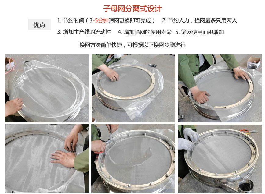 大漢振動(dòng)機(jī)械換網(wǎng)優(yōu)勢(shì)：1，節(jié)省時(shí)間（3-5分鐘篩網(wǎng)更換即可完成）2，節(jié)省人力，換網(wǎng)只有兩人。3.增加生產(chǎn)線的流暢性。4.增加篩網(wǎng)壽命，彈跳球不直接撞擊子網(wǎng)。5.篩網(wǎng)使用面積增加。