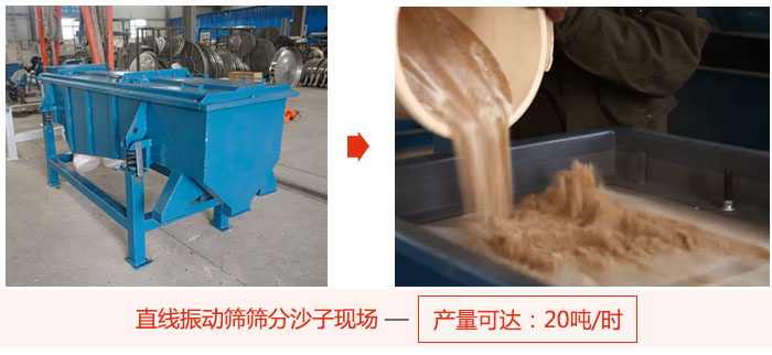 直線振動(dòng)篩篩分沙子現(xiàn)場展示，產(chǎn)量高達(dá)20噸每小時(shí)。