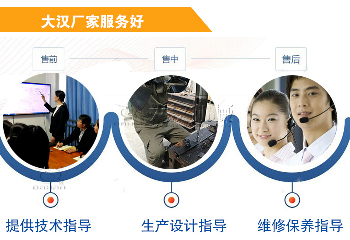 大漢廠家服務(wù)流程：售前-售中-售后：提供技術(shù)指導(dǎo)，生產(chǎn)設(shè)計(jì)指導(dǎo)，維修保養(yǎng)指導(dǎo)。