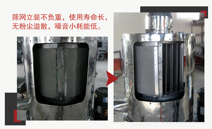氣流篩采用立式篩網(wǎng)，不受物料的沖擊力的影響，篩網(wǎng)使用壽命長(zhǎng)