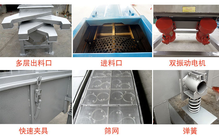 多層直線振動篩出料口，篩網(wǎng)，彈簧，快速夾具，振動電機等