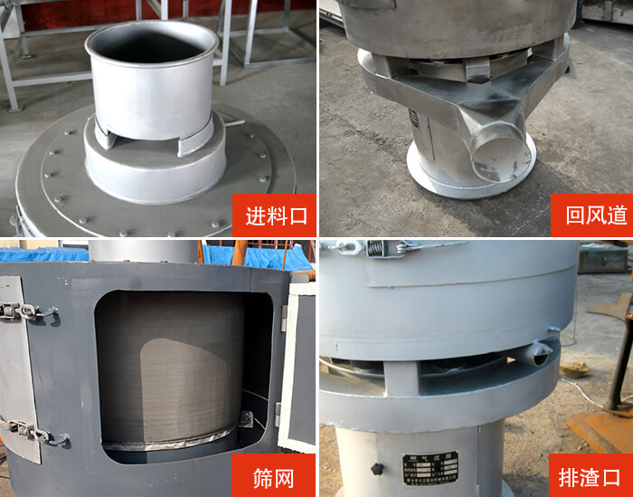 氣流篩分機(jī)進(jìn)料口，回風(fēng)道，篩網(wǎng)，排渣口。