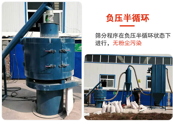 氣流篩負(fù)壓半循環(huán)，篩分程序在負(fù)壓版循環(huán)狀態(tài)下進(jìn)行，無粉塵污染。