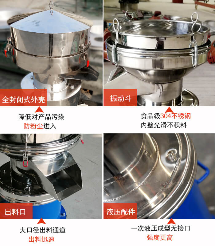 450過濾篩機結構組成：全封閉式外殼設計：對產品的污染低，防塵粉進入電機內部延長設備壽命。振動斗：食品304不銹鋼篩斗，內壁光滑不存在積料現(xiàn)象。出料口，大口徑出料通道，出料迅速，提高工作效率。液壓配件：一次液壓成型無接口強度更高。