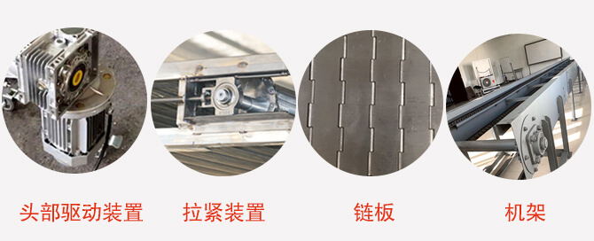 鏈板輸送機(jī)結(jié)構(gòu)：頭部驅(qū)動裝置，拉緊裝置，鏈板，機(jī)架等圖片展示
