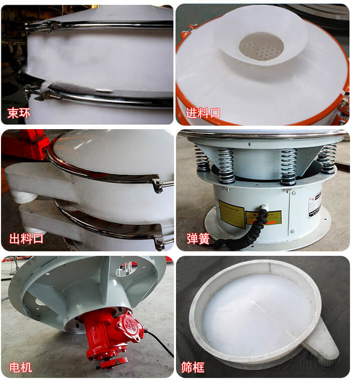 塑料防腐蝕振動(dòng)篩細(xì)節(jié):進(jìn)料口，框體，網(wǎng)架底框，出料口等。