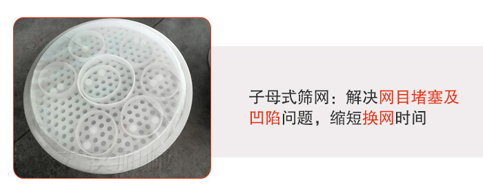 塑料防腐蝕振動(dòng)篩采用子母扣式網(wǎng)架可安裝彈跳球進(jìn)行清網(wǎng)，解決篩網(wǎng)堵塞問(wèn)題。