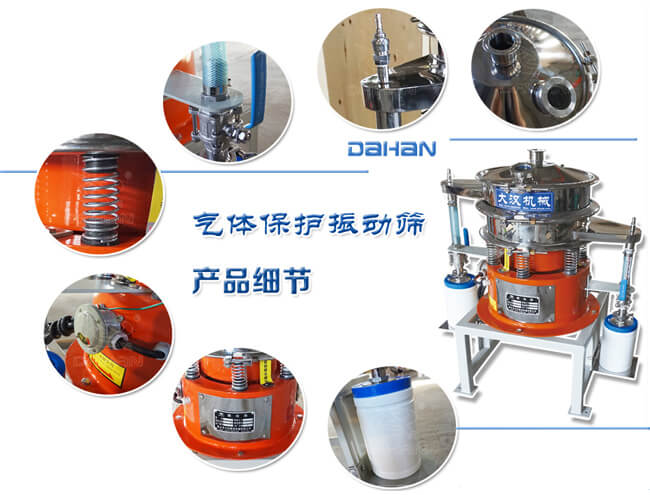 氣體保護(hù)振動篩細(xì)節(jié)：振動彈簧，手動閥門，料罐等。