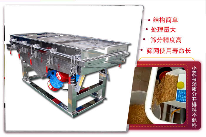 小麥清理振動篩結構簡單，處理量大，篩分精度高，篩網(wǎng)使用壽命長。